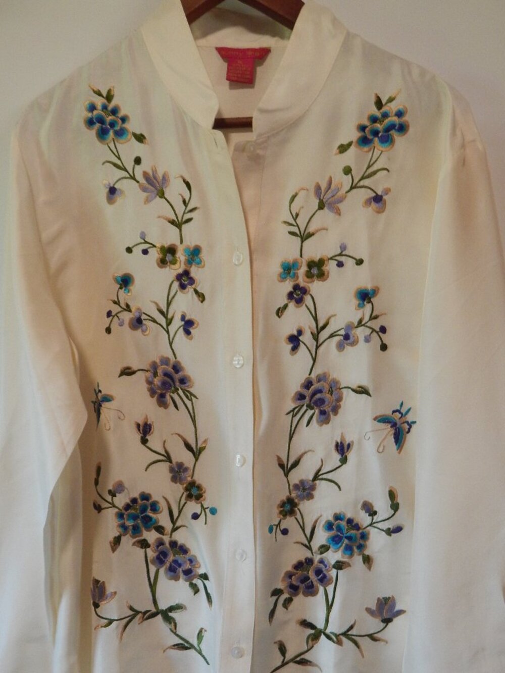 Vintage 80s 90s Sunny Leigh 100% Silk Floral Embroidered Blouse XL